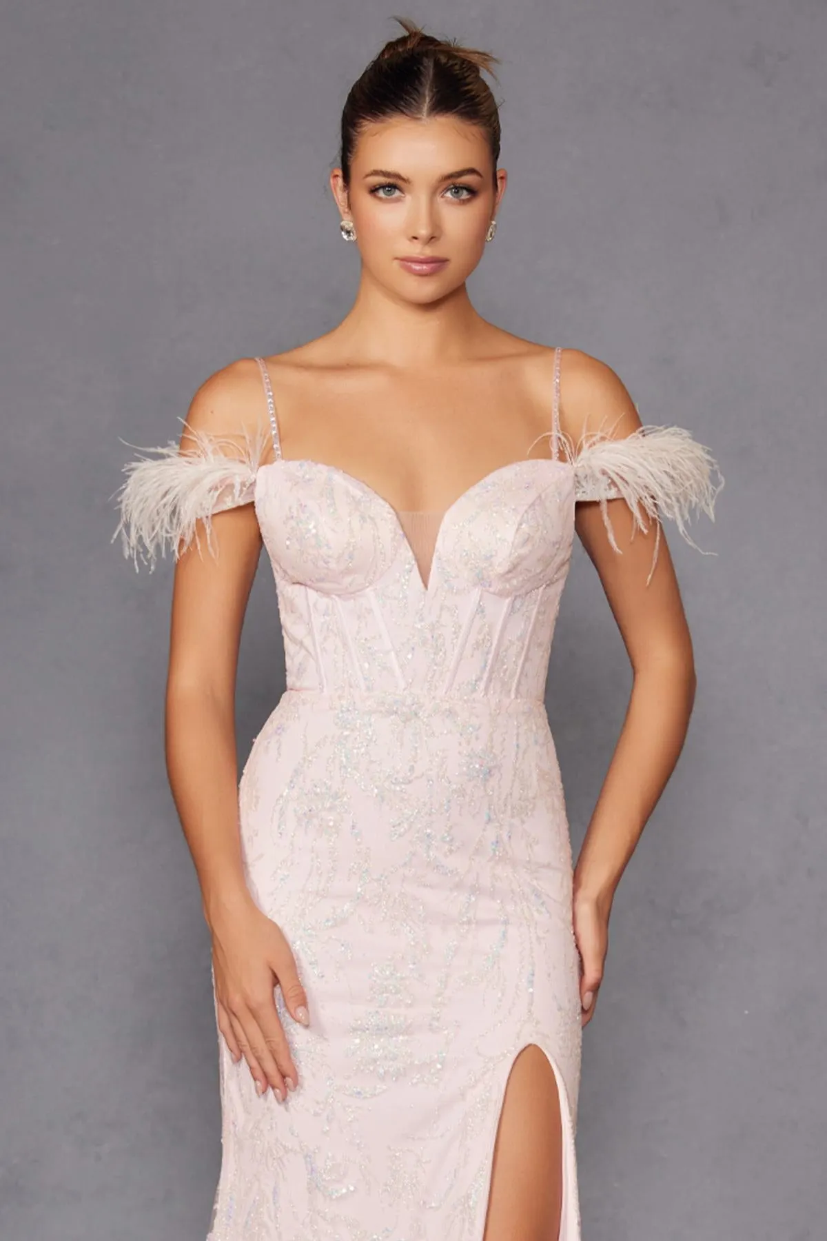 Juliet 2402 Glitter Leaf Sequin Gown with Feathered Sleeves and Slit