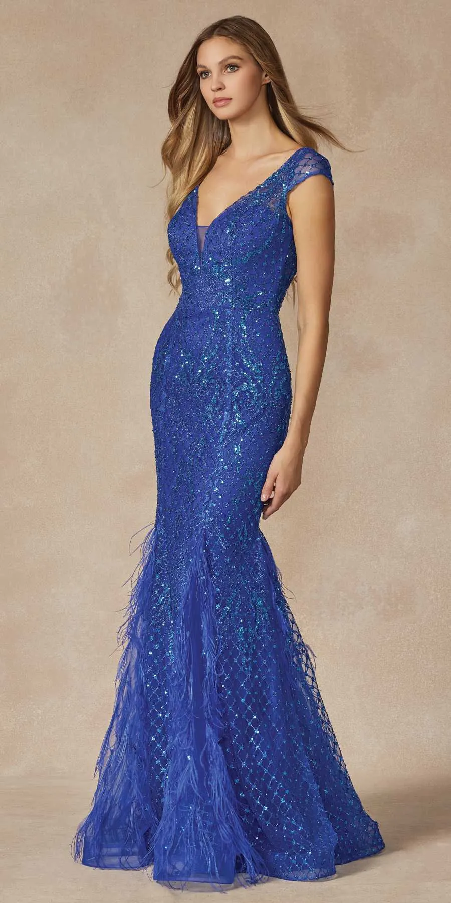 Juliet 286 Floor Length Feather Skirt Embellished Fitted Prom Dress