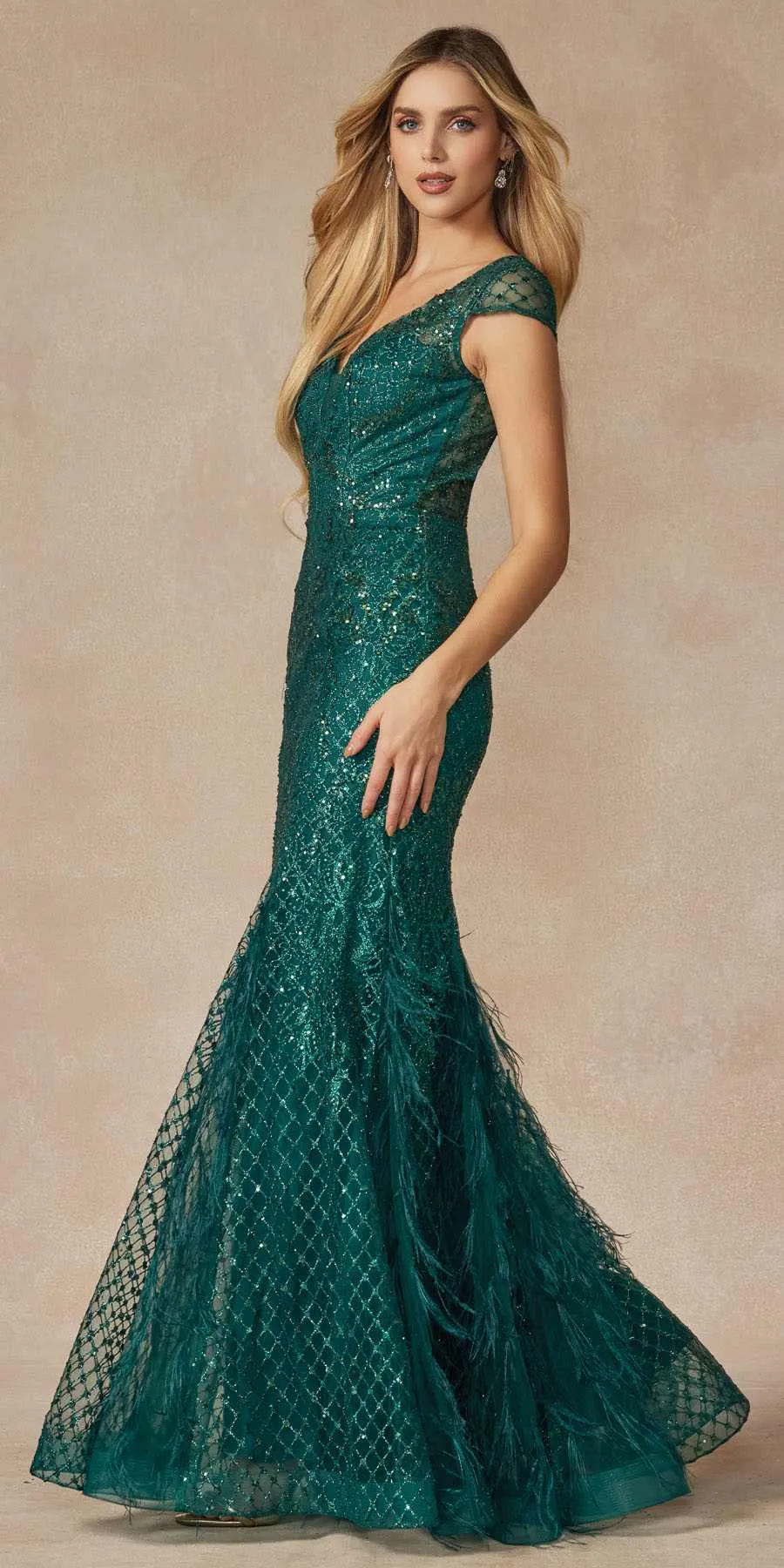 Juliet 286 Floor Length Feather Skirt Embellished Fitted Prom Dress