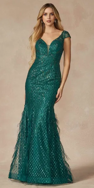 Juliet 286 Floor Length Feather Skirt Embellished Fitted Prom Dress