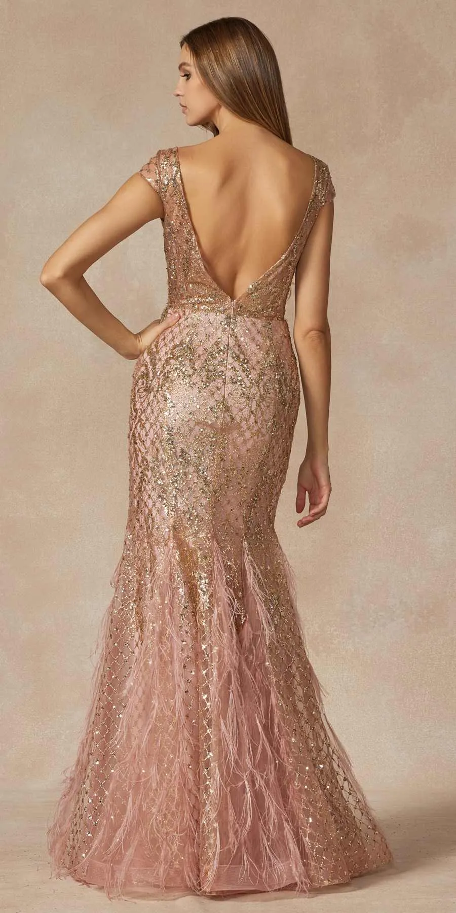 Juliet 286 Floor Length Feather Skirt Embellished Fitted Prom Dress