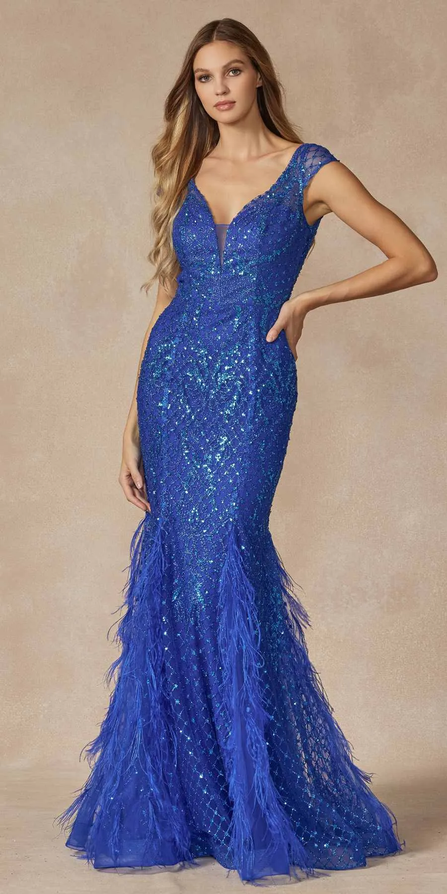 Juliet 286 Floor Length Feather Skirt Embellished Fitted Prom Dress