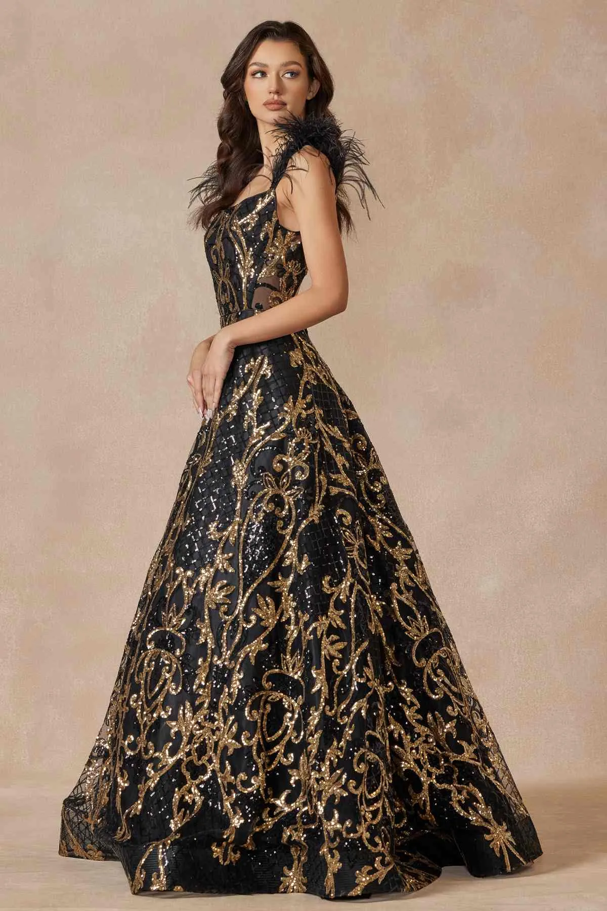 Juliet 297 Floor Length Feathered Cap Sleeve Patterned Sequin A-Line Gown