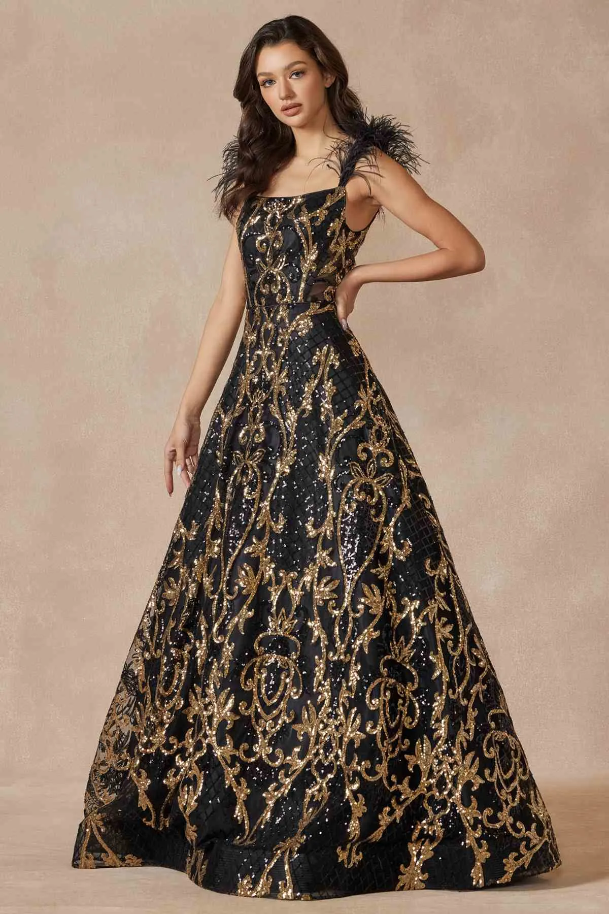 Juliet 297 Floor Length Feathered Cap Sleeve Patterned Sequin A-Line Gown