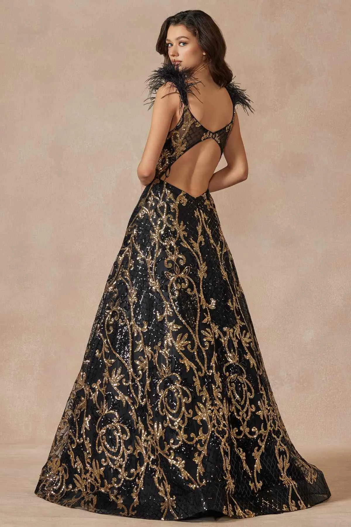 Juliet 297 Floor Length Feathered Cap Sleeve Patterned Sequin A-Line Gown