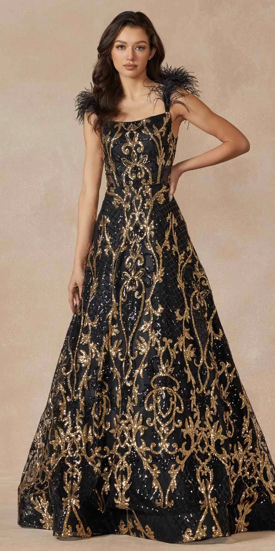 Juliet 297 Floor Length Feathered Cap Sleeve Patterned Sequin A-Line Gown