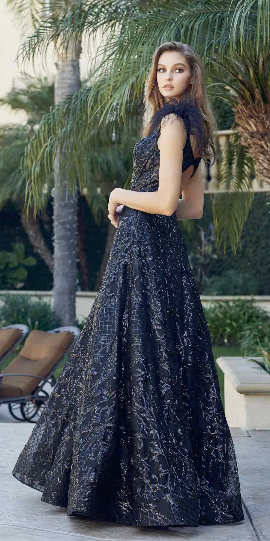 Juliet 297 Floor Length Feathered Cap Sleeve Patterned Sequin A-Line Gown