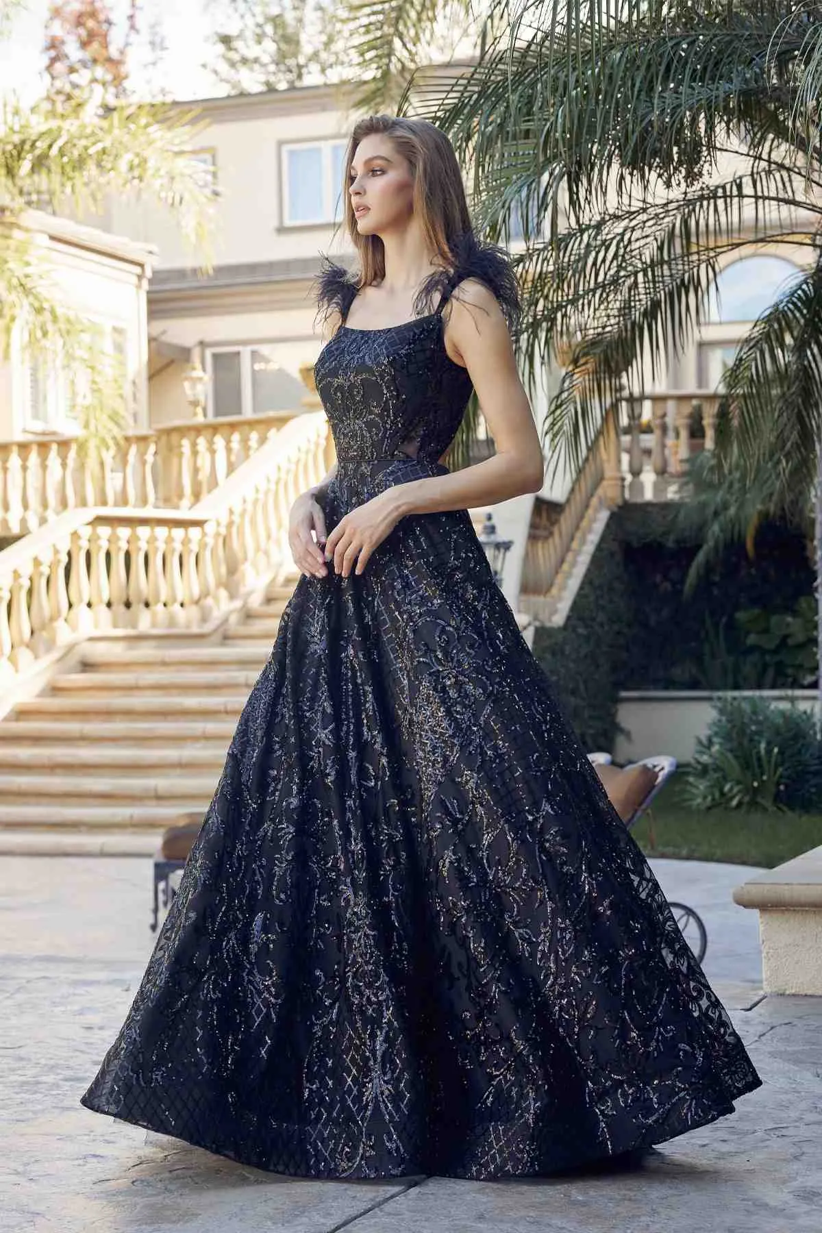 Juliet 297 Floor Length Feathered Cap Sleeve Patterned Sequin A-Line Gown