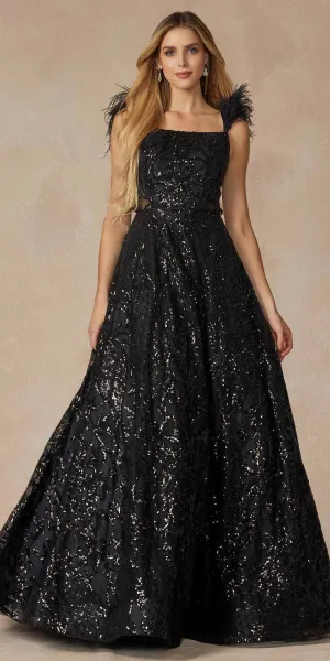 Juliet 297 Floor Length Feathered Cap Sleeve Patterned Sequin A-Line Gown