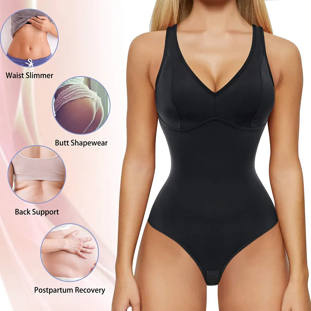 Junlan Women Deep V Neck Thong Slim Bodysuit