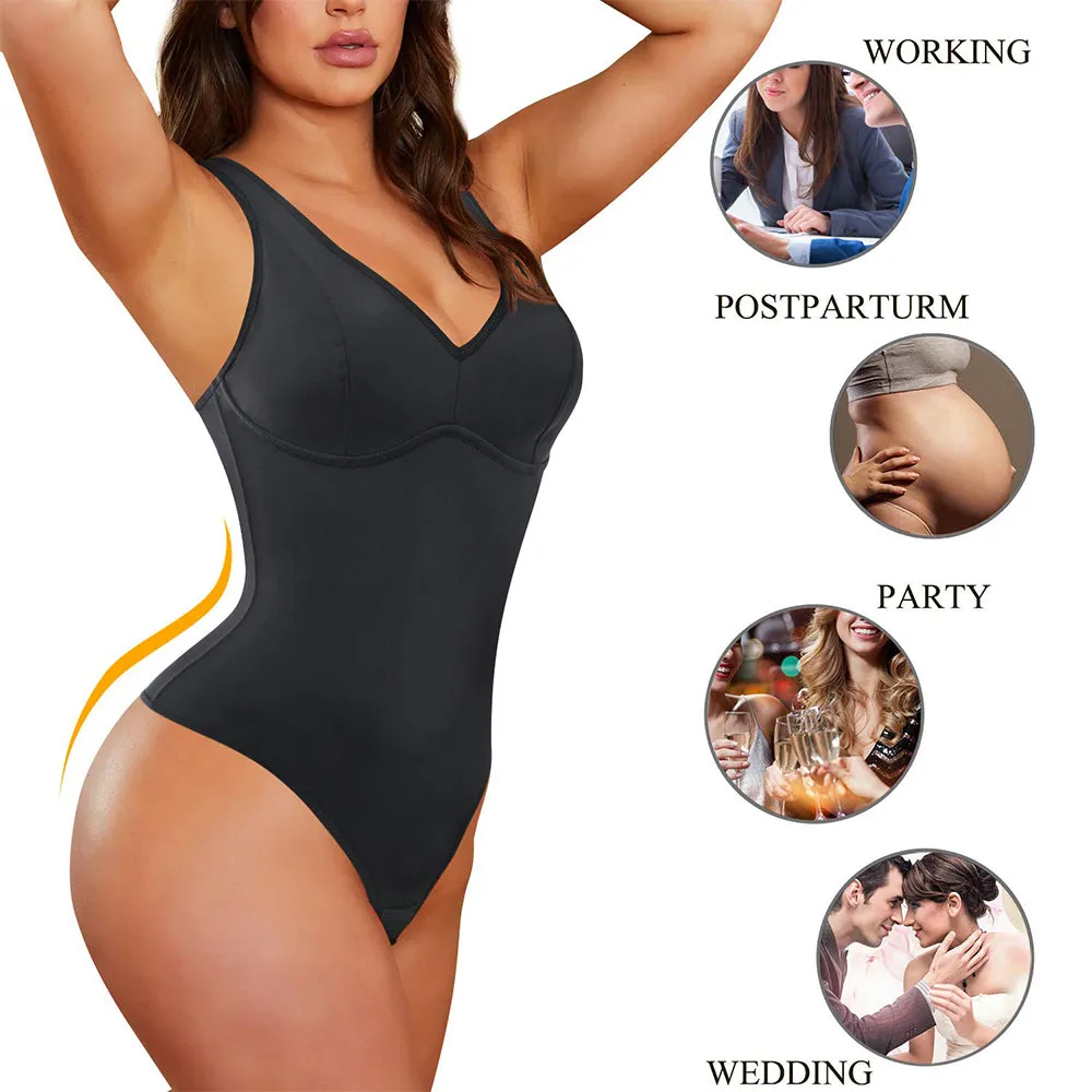 Junlan Women Deep V Neck Thong Slim Bodysuit
