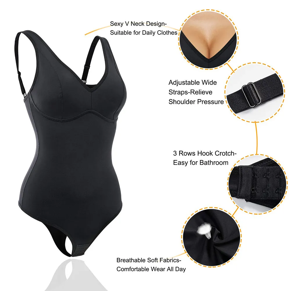Junlan Women Deep V Neck Thong Slim Bodysuit