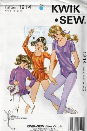 Kwik Sew 1214 Tween Teen Girls Stretch Leotard & Wrap Skirt 1980s Vintage Sewing Pattern Size 8 - 14 UNCUT Factory Folded