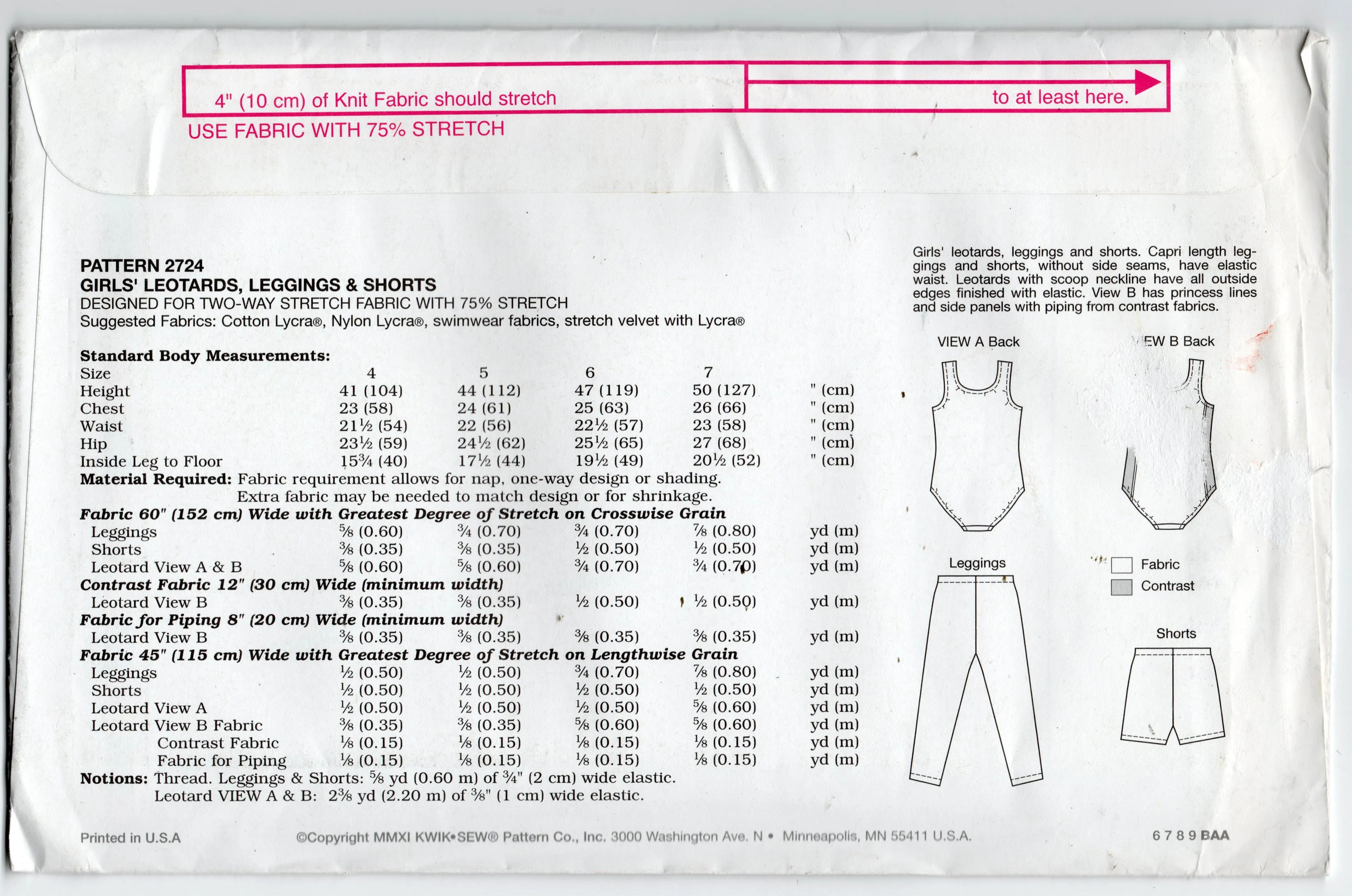 Kwik Sew 2724 Girls Stretch Leotards Tights & Shorts Out of Print Sewing Pattern Size 4 - 7 UNCUT Factory Folded