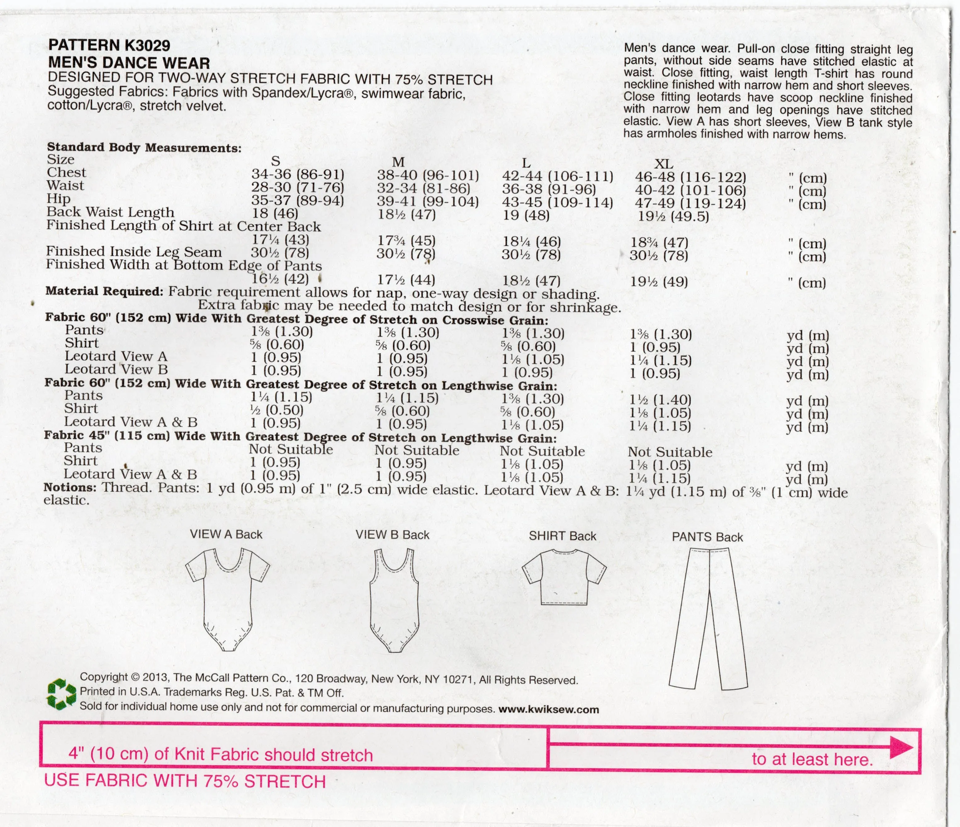 Kwik Sew K3029 Mens Stretch Dance Wear Out Of Print Sewing Pattern Size S - XL UNCUT Factory Folded