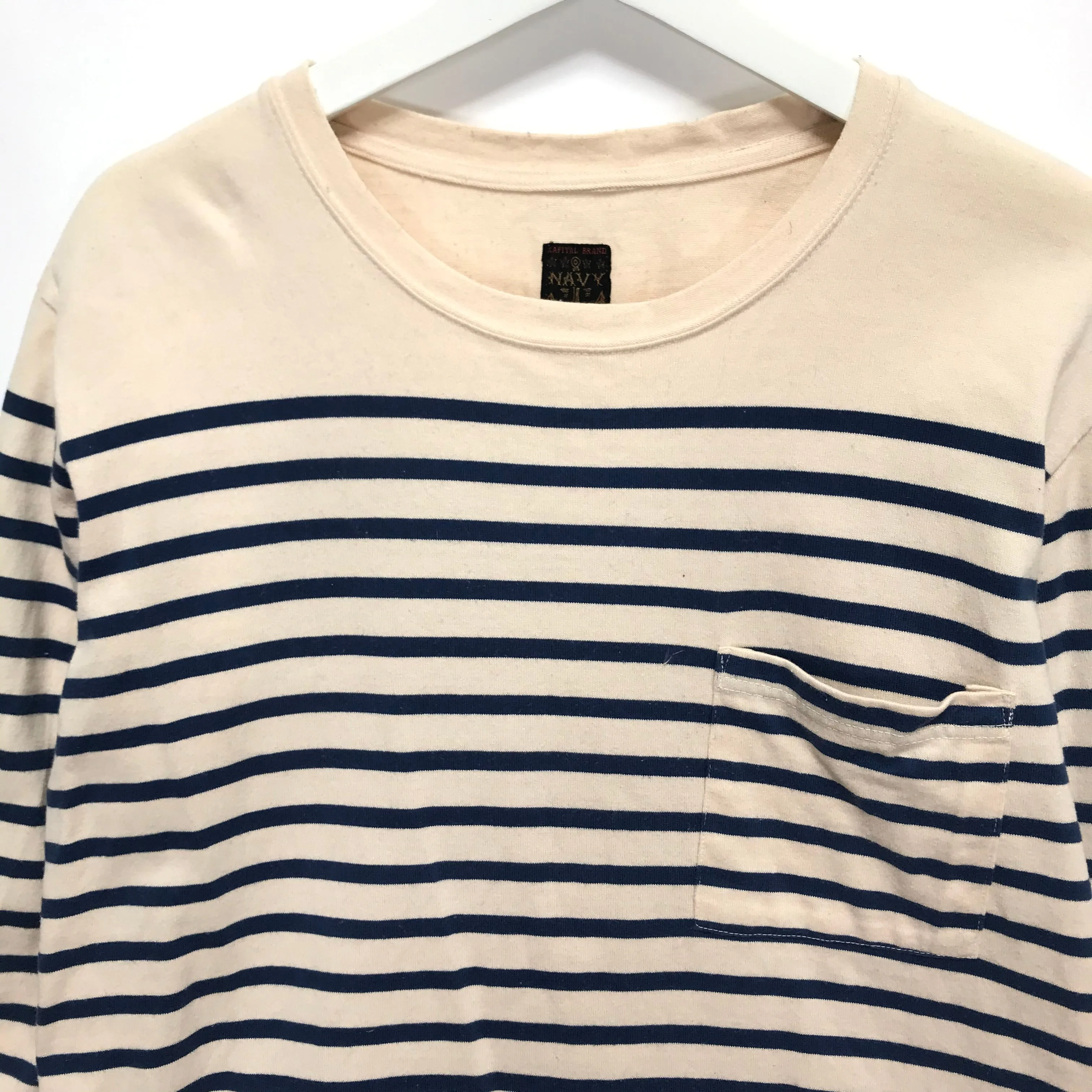 [L] Kapital Navy Border L/S Tee Beige/Blue