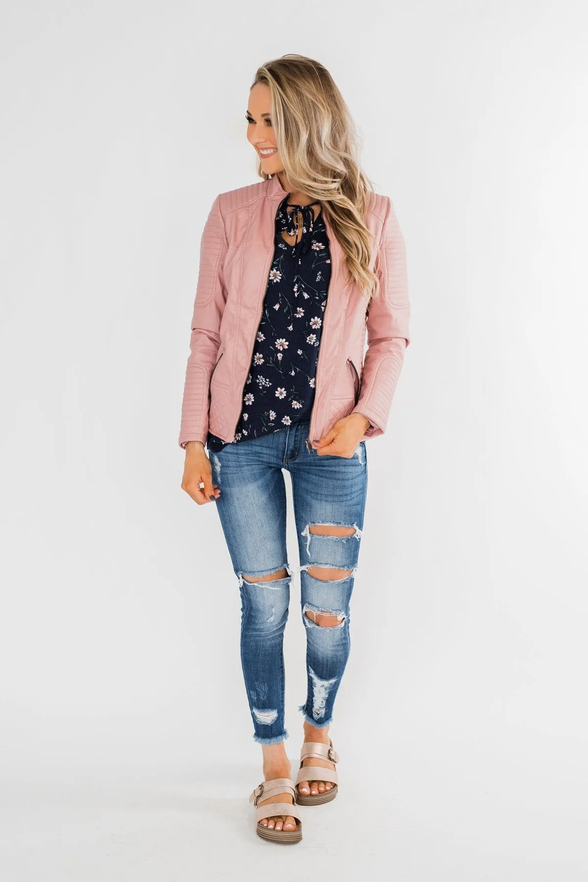 Leather Moto Jacket- Mauve Pink