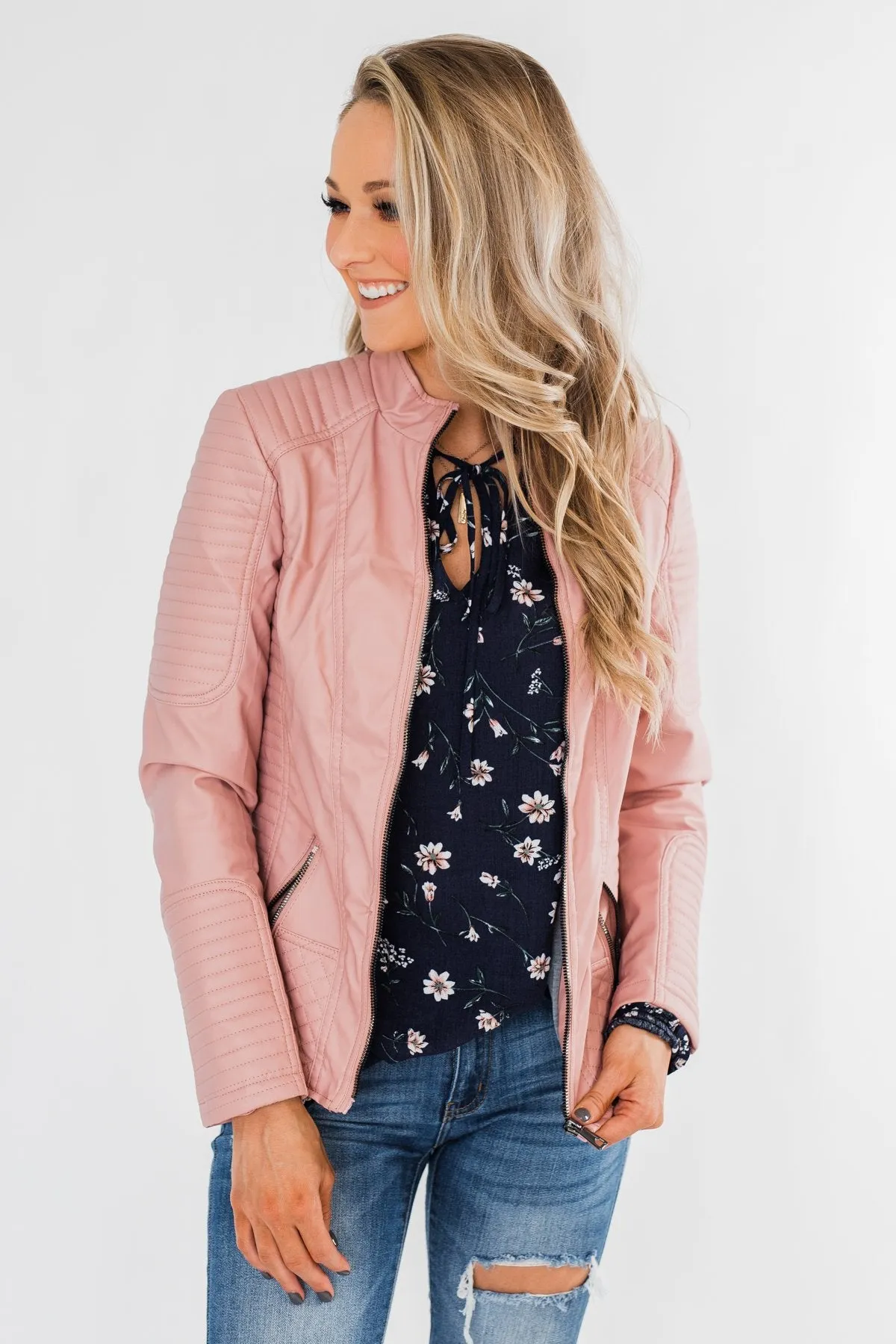 Leather Moto Jacket- Mauve Pink