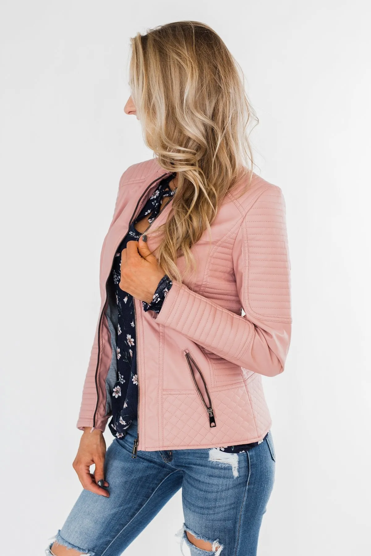 Leather Moto Jacket- Mauve Pink