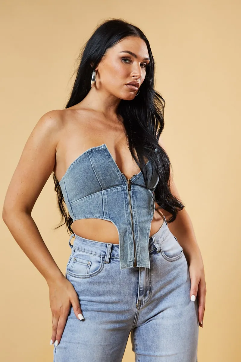 Light Blue Denim Zip Front Corset Cropped Top - Dina
