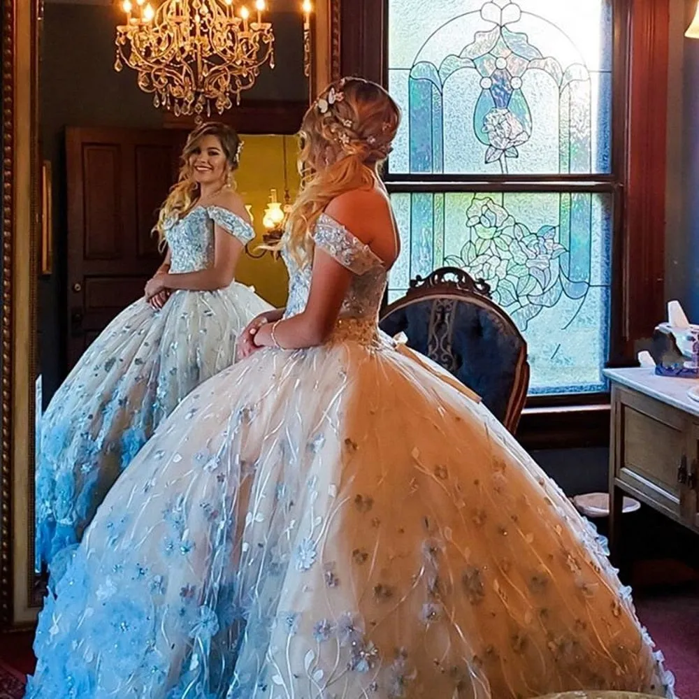 Light Sky Blue Ball Gown Quinceanera Dresses Beads 3D Flowers Off Shoulder Formal Prom Gowns Sweet 16 Dress