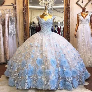 Light Sky Blue Ball Gown Quinceanera Dresses Beads 3D Flowers Off Shoulder Formal Prom Gowns Sweet 16 Dress