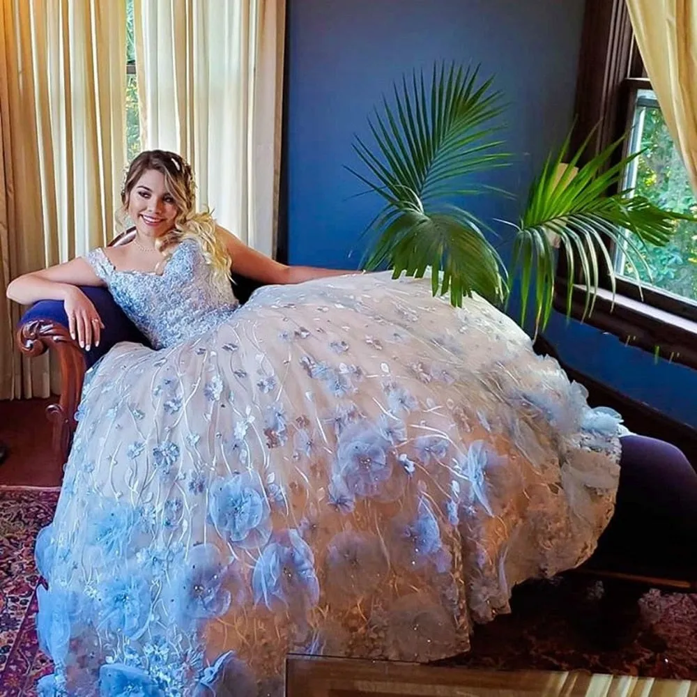 Light Sky Blue Ball Gown Quinceanera Dresses Beads 3D Flowers Off Shoulder Formal Prom Gowns Sweet 16 Dress