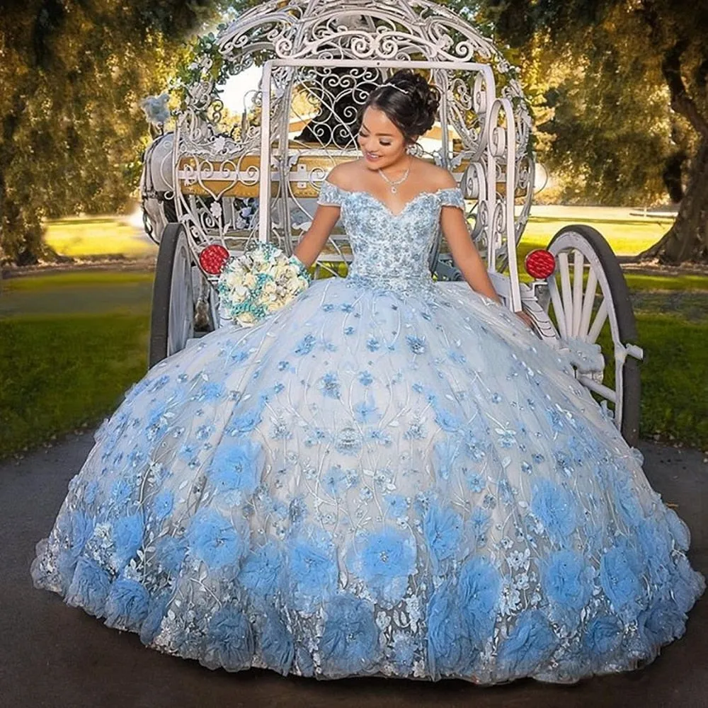 Light Sky Blue Ball Gown Quinceanera Dresses Beads 3D Flowers Off Shoulder Formal Prom Gowns Sweet 16 Dress