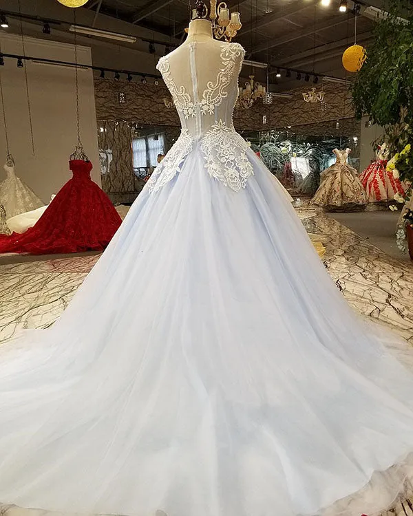 Light Sky Blue Prom Dresses 2018 Sheer Scoop Prom Party Gowns with Sequins Beadings
