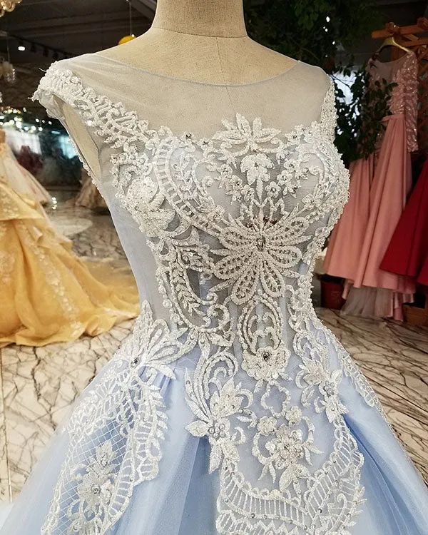 Light Sky Blue Prom Dresses 2018 Sheer Scoop Prom Party Gowns with Sequins Beadings