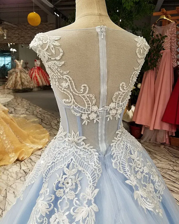 Light Sky Blue Prom Dresses 2018 Sheer Scoop Prom Party Gowns with Sequins Beadings