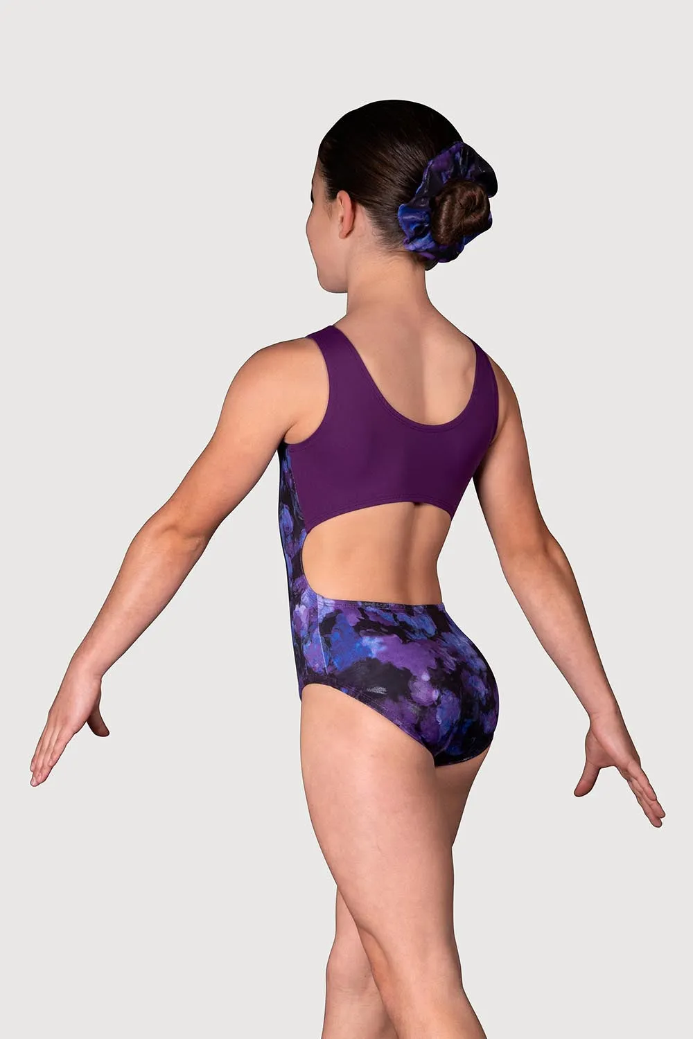 LL5205G - Cosmic Rose Printed Girls Open Back Leotard & Scrunchie