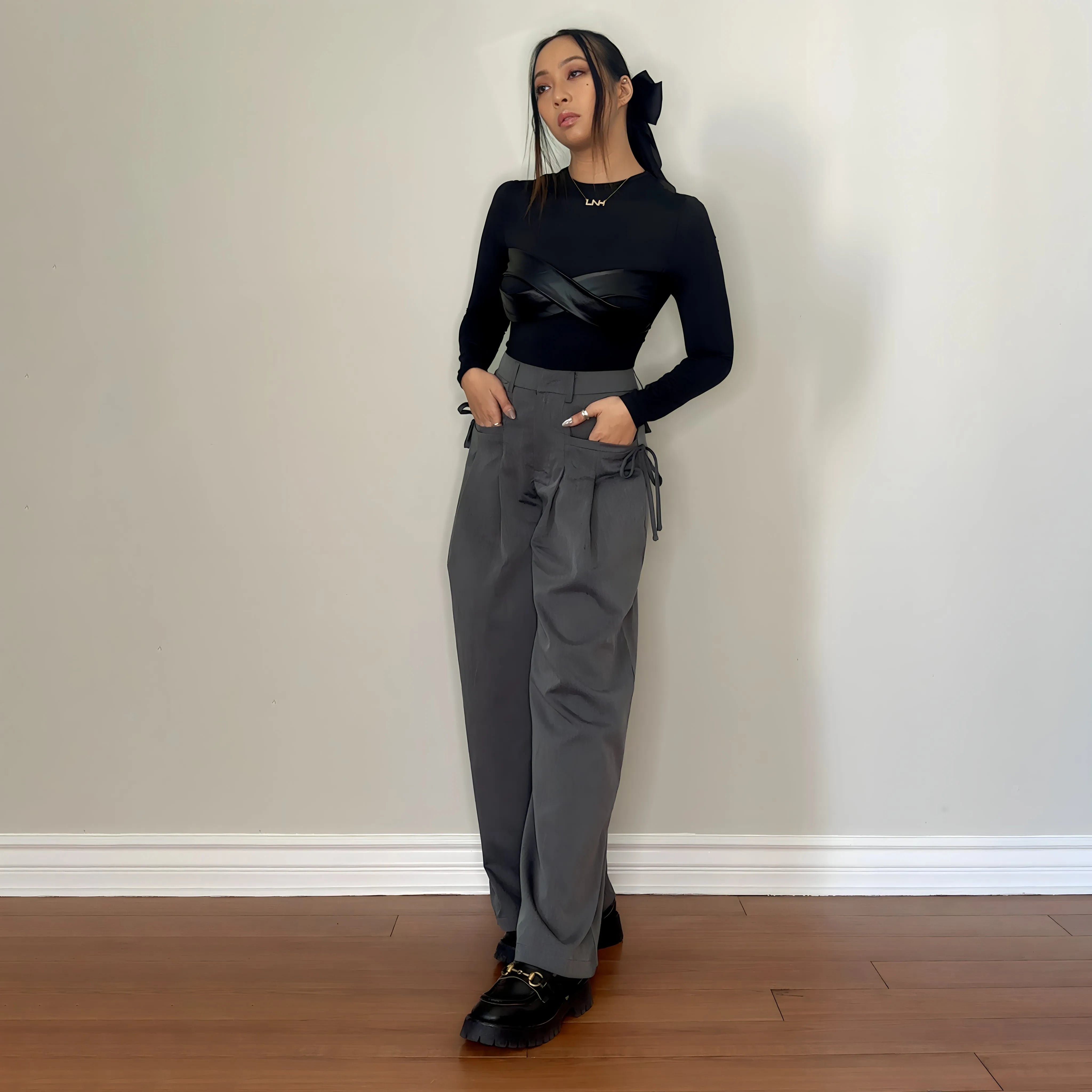 Long Sleeve Black Leather Bra Top