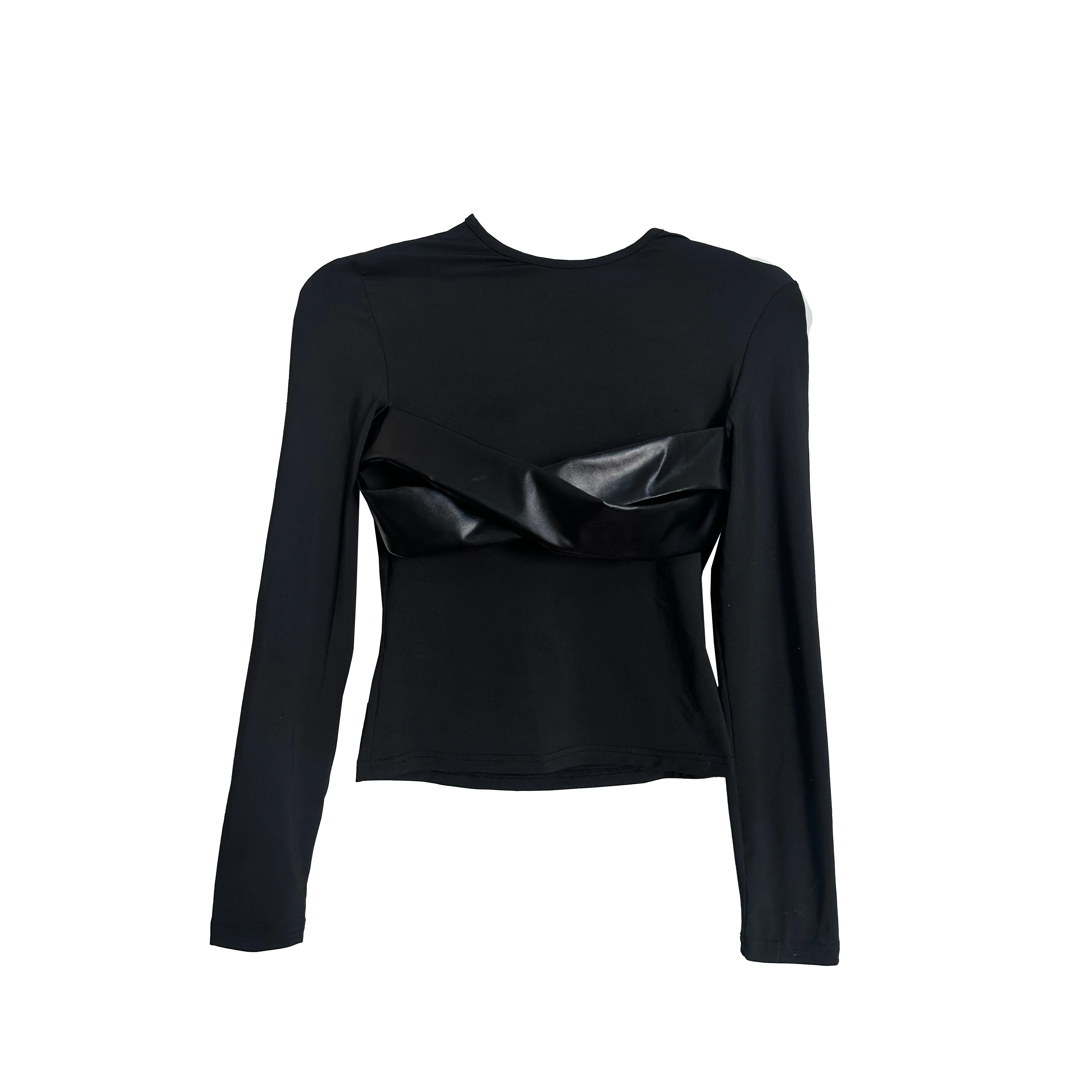 Long Sleeve Black Leather Bra Top