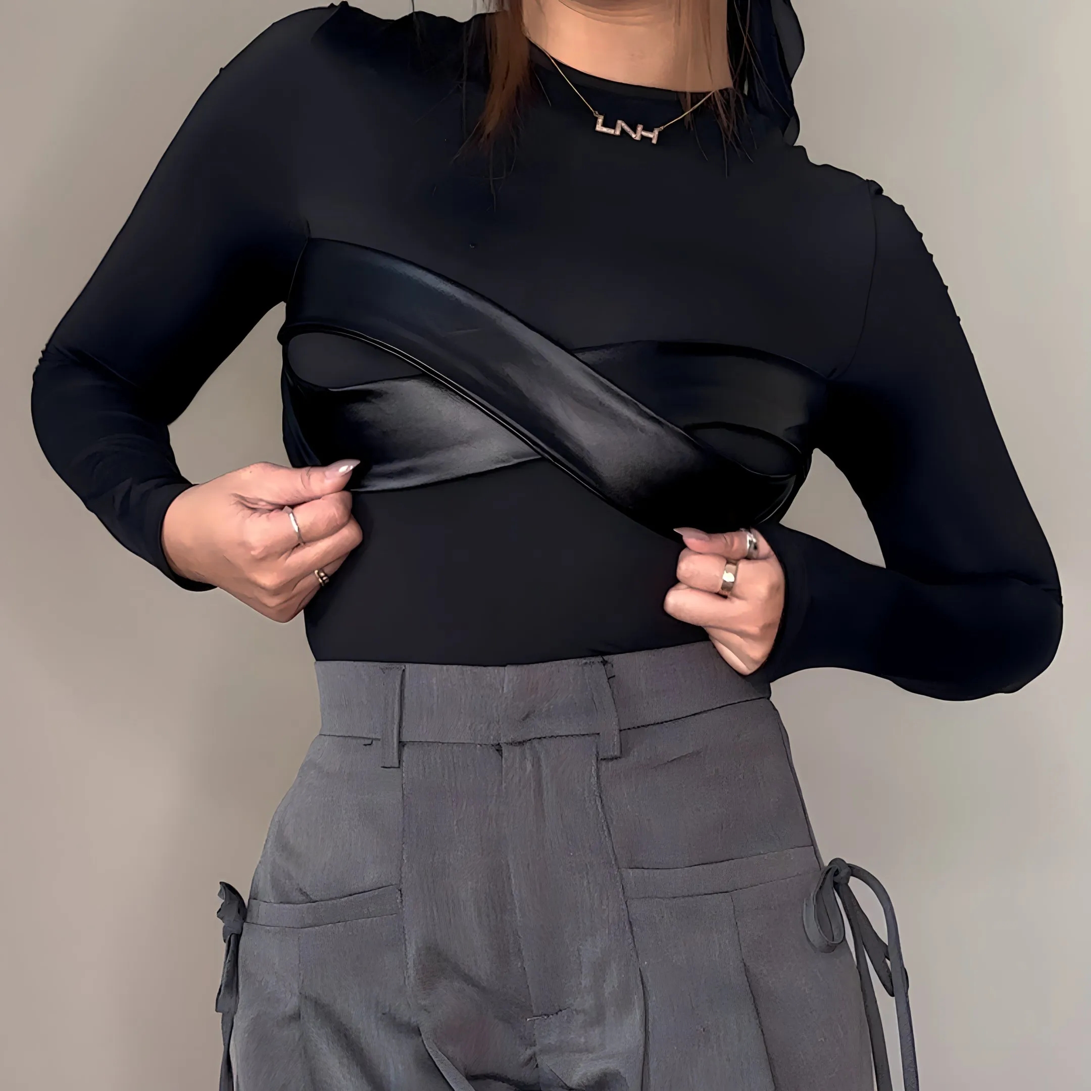 Long Sleeve Black Leather Bra Top