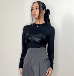 Long Sleeve Black Leather Bra Top