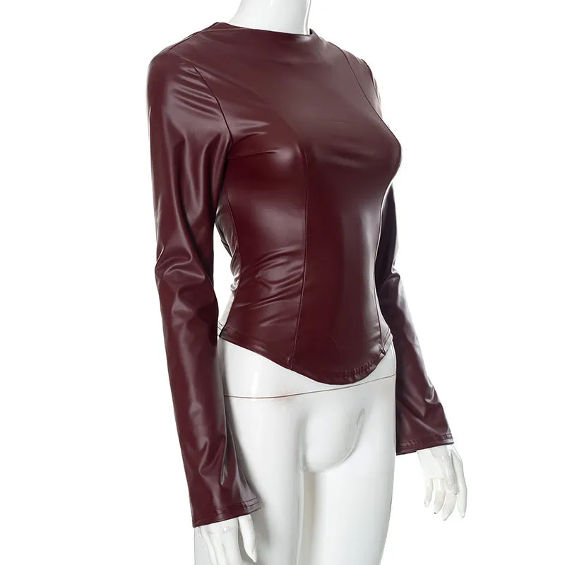Long Sleeve Crew Neck Faux Leather Tee