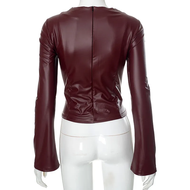 Long Sleeve Crew Neck Faux Leather Tee
