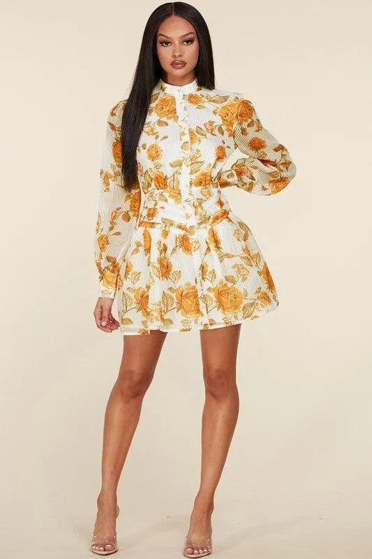 Long Sleeve Mini Dress with white and mesh stripe