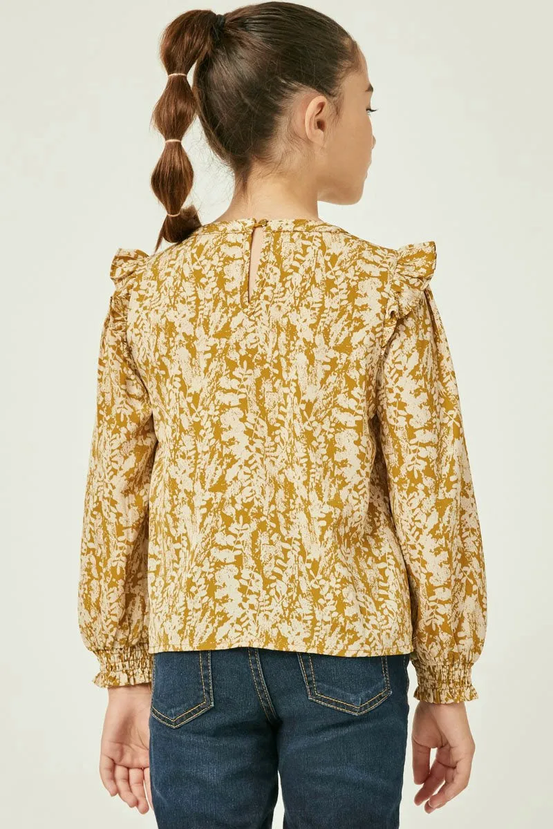 Long Sleeve Pleat Detail Ruffle Shoulder Botanical Top