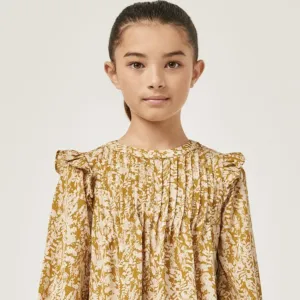 Long Sleeve Pleat Detail Ruffle Shoulder Botanical Top