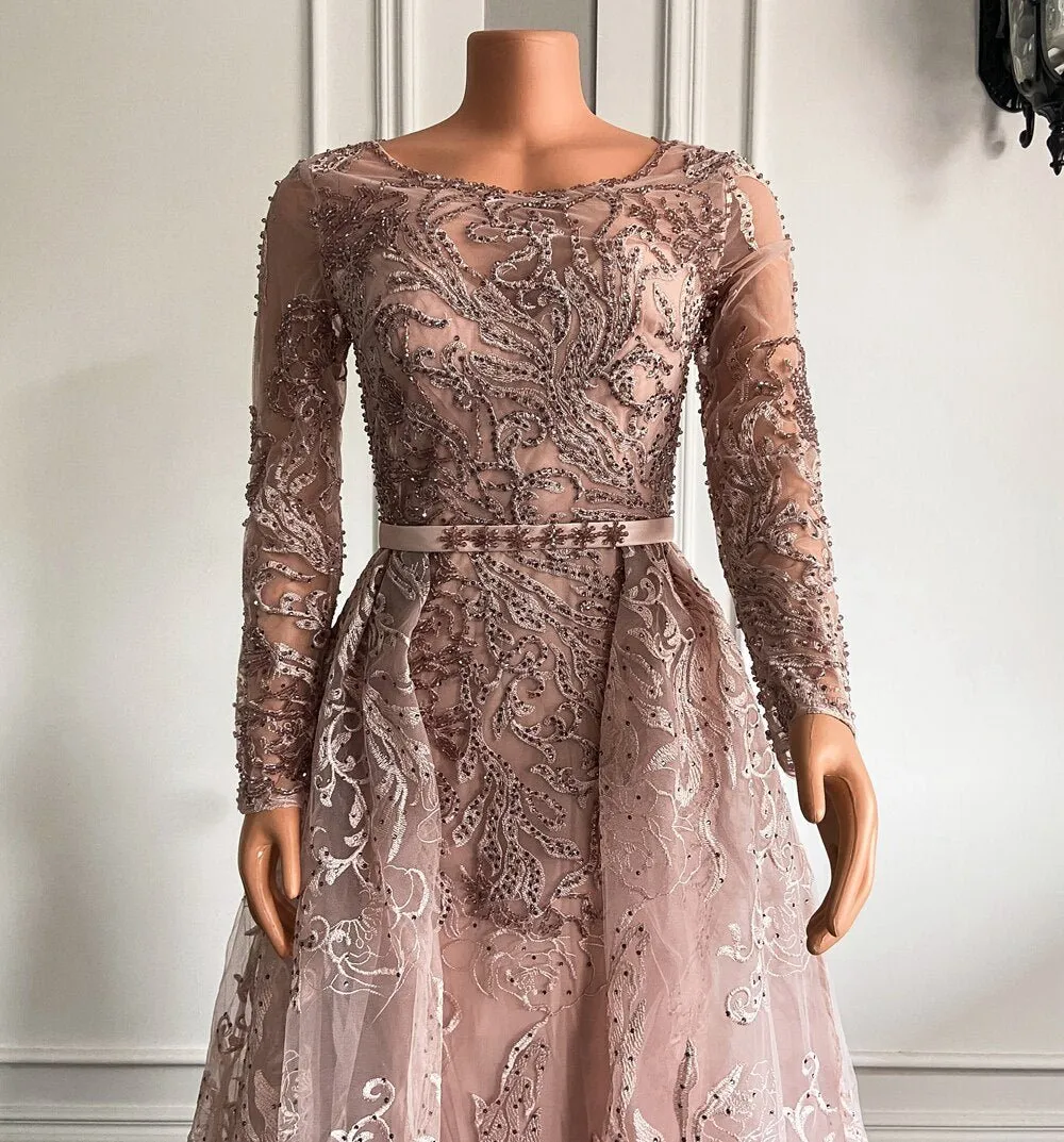 Long Sleeve Vintage Lace Dubai Women Formal Evening Gowns
