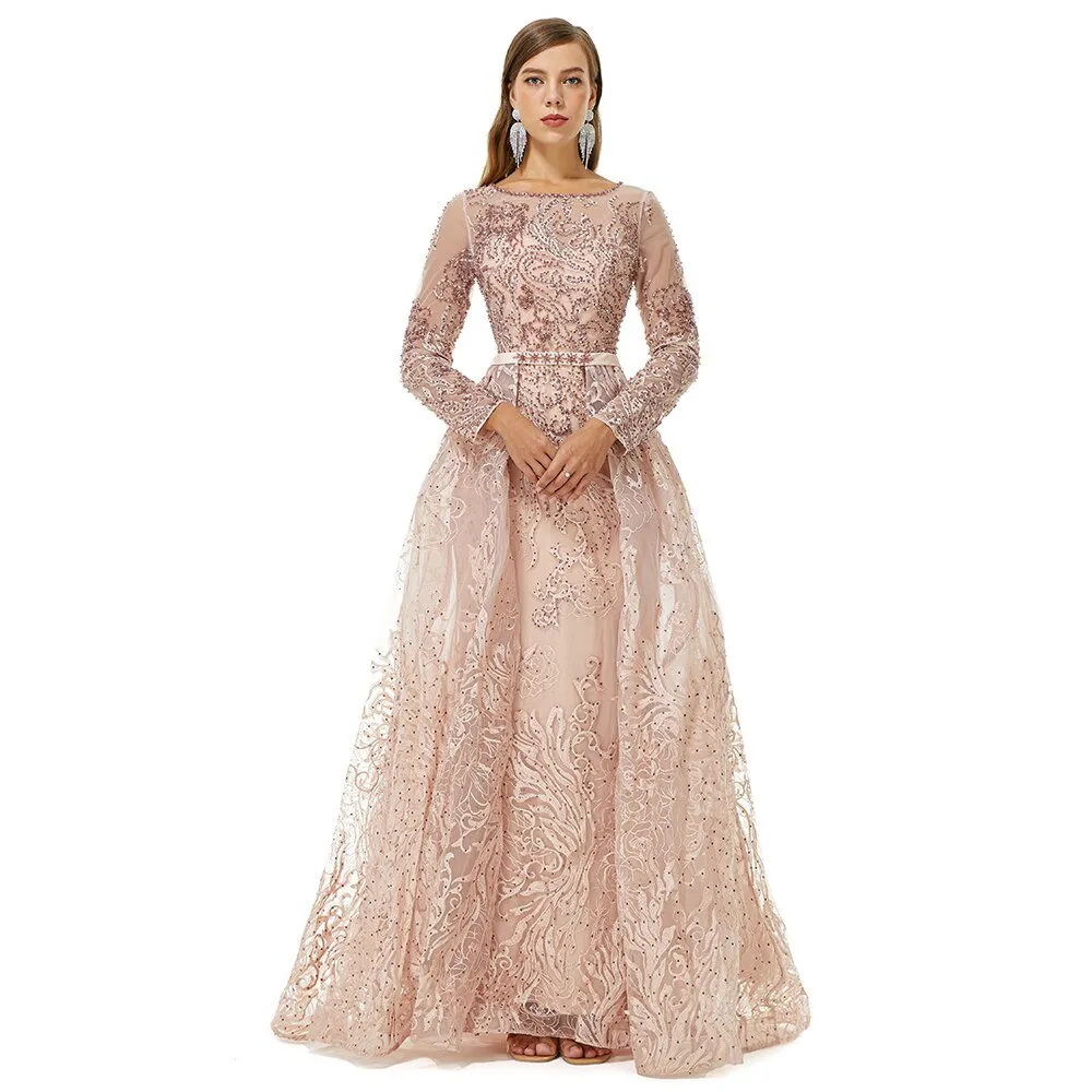 Long Sleeve Vintage Lace Dubai Women Formal Evening Gowns