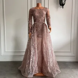 Long Sleeve Vintage Lace Dubai Women Formal Evening Gowns