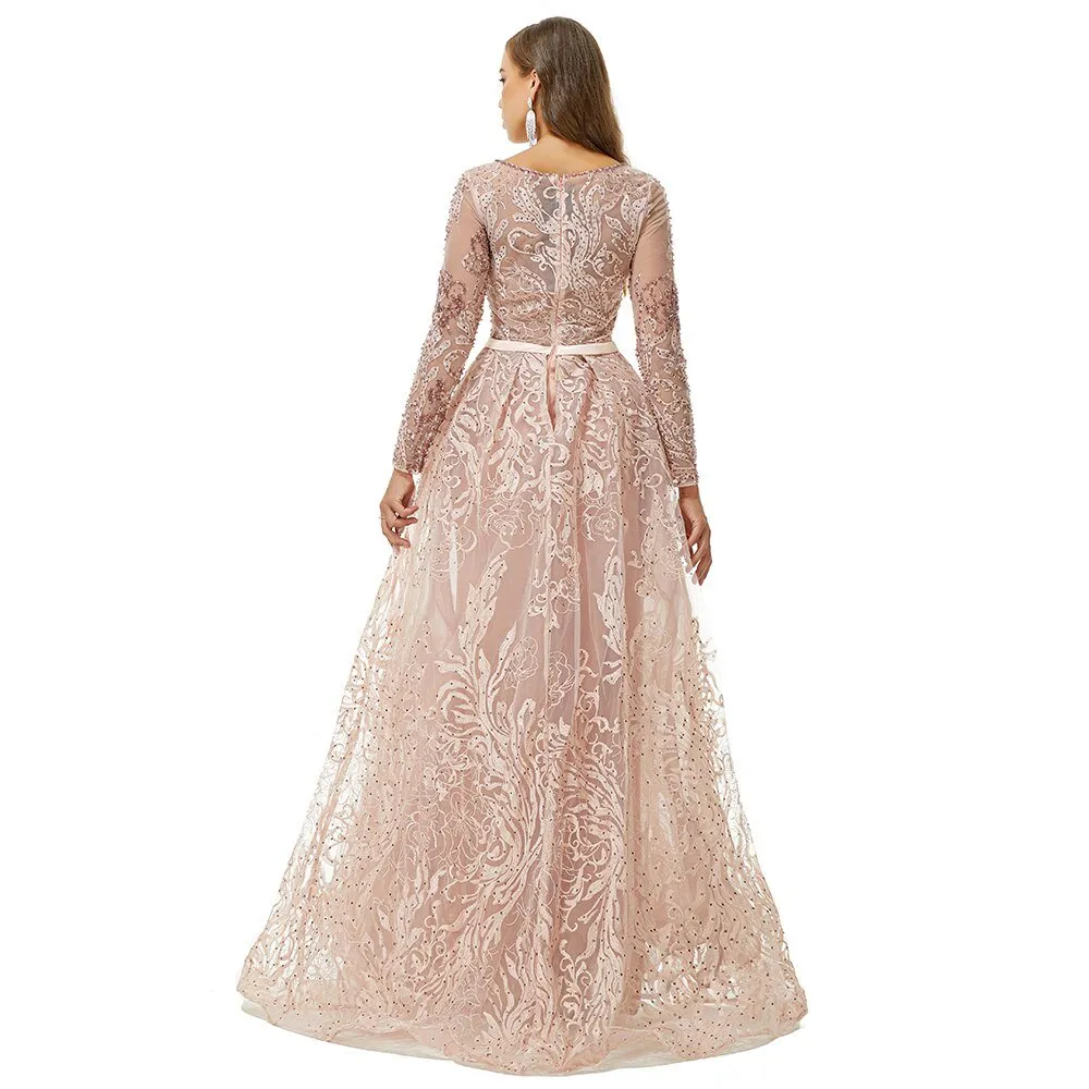 Long Sleeve Vintage Lace Dubai Women Formal Evening Gowns