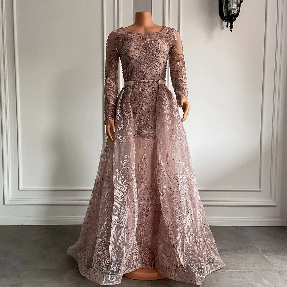 Long Sleeve Vintage Lace Dubai Women Formal Evening Gowns