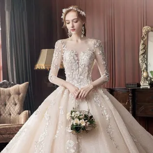 Long Sleeve Wedding Dress New Backless Luxury Hand Made Beading Pearls Lace Appliques Champagne Flash Princess Bridal Ball Gowns
