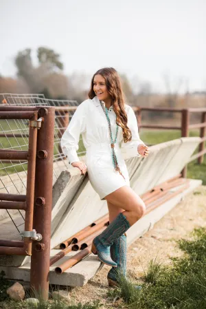 L/S Faux Leather Cream Dress