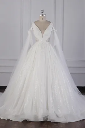Luxury V-Neck Beadings Wedding Dress Tulle Sleeveless Sequined Bridal Gowns