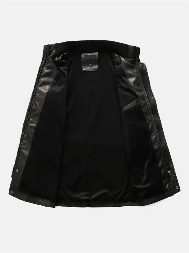 Men Winter Fashion Fleece Lined Midi Leather Jacket With Waistband